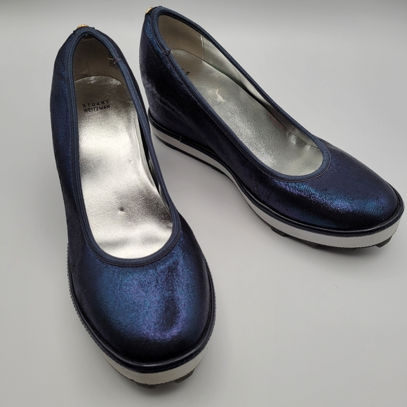 Stuart Weitzman Ariana Clare Iridescent Metallic Navy Slip On Wedges